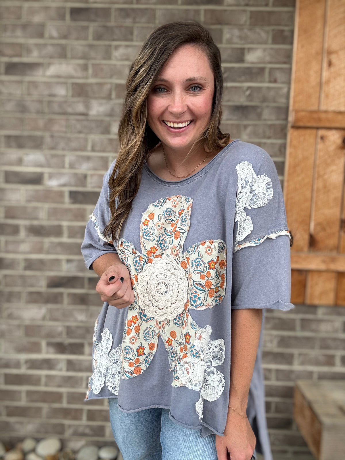 Steel Blue Patchwork Oversized Tee – by BlueVelvet