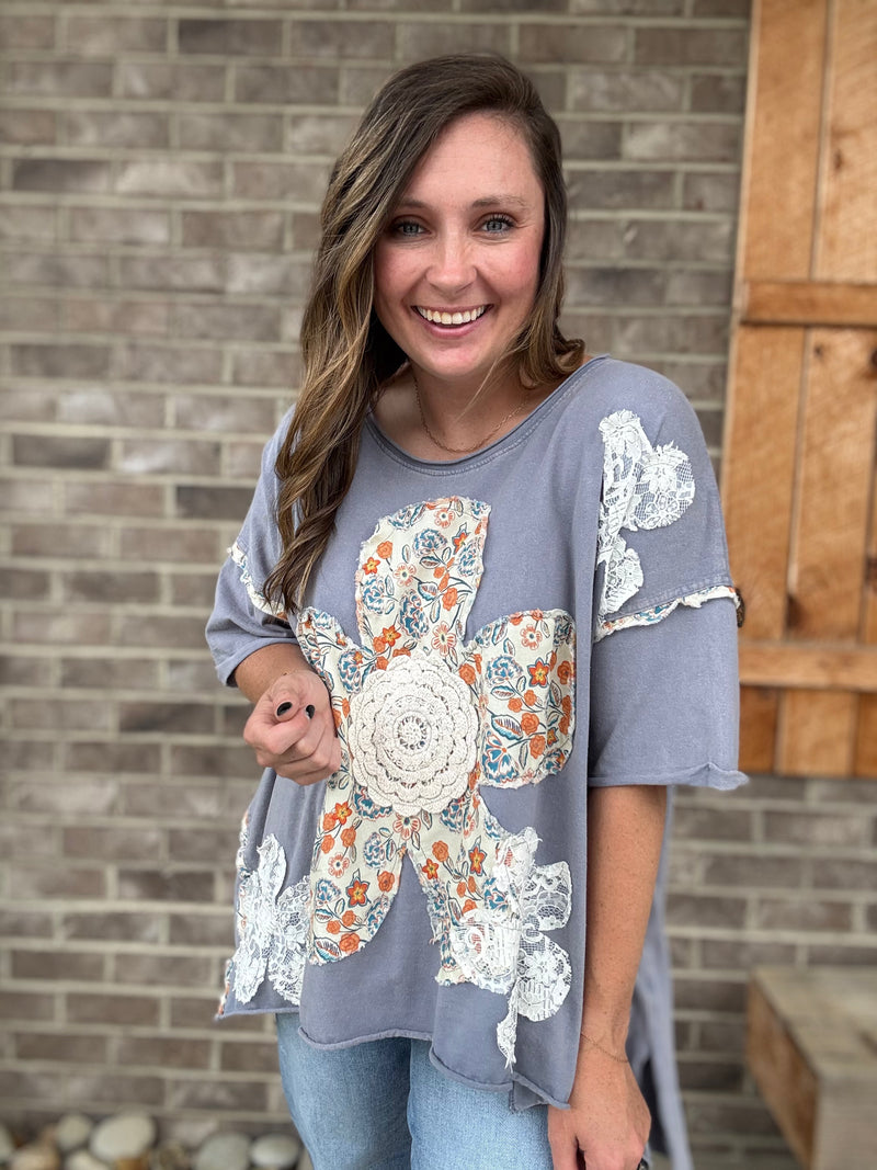 Steel Blue Patchwork Oversized Tee – by BlueVelvet