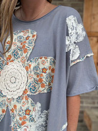 Steel Blue Patchwork Oversized Tee – by BlueVelvet