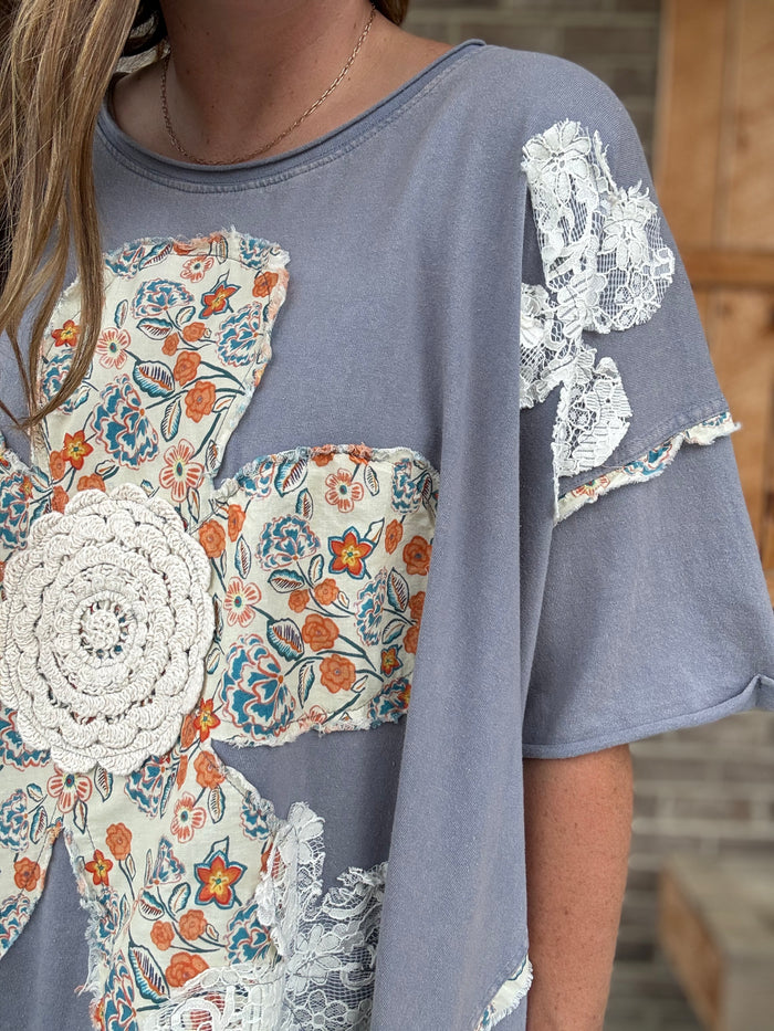 Steel Blue Patchwork Oversized Tee – by BlueVelvet