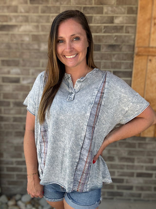 Stone Blue V-Neck Top w/ Plaid Side Detail by J. Her