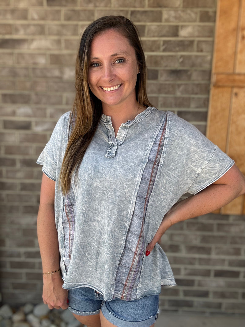 Stone Blue V-Neck Top w/ Plaid Side Detail by J. Her