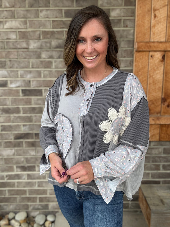 Stone Charcoal Peace and Patchwork Oversized Thermal Top by POL