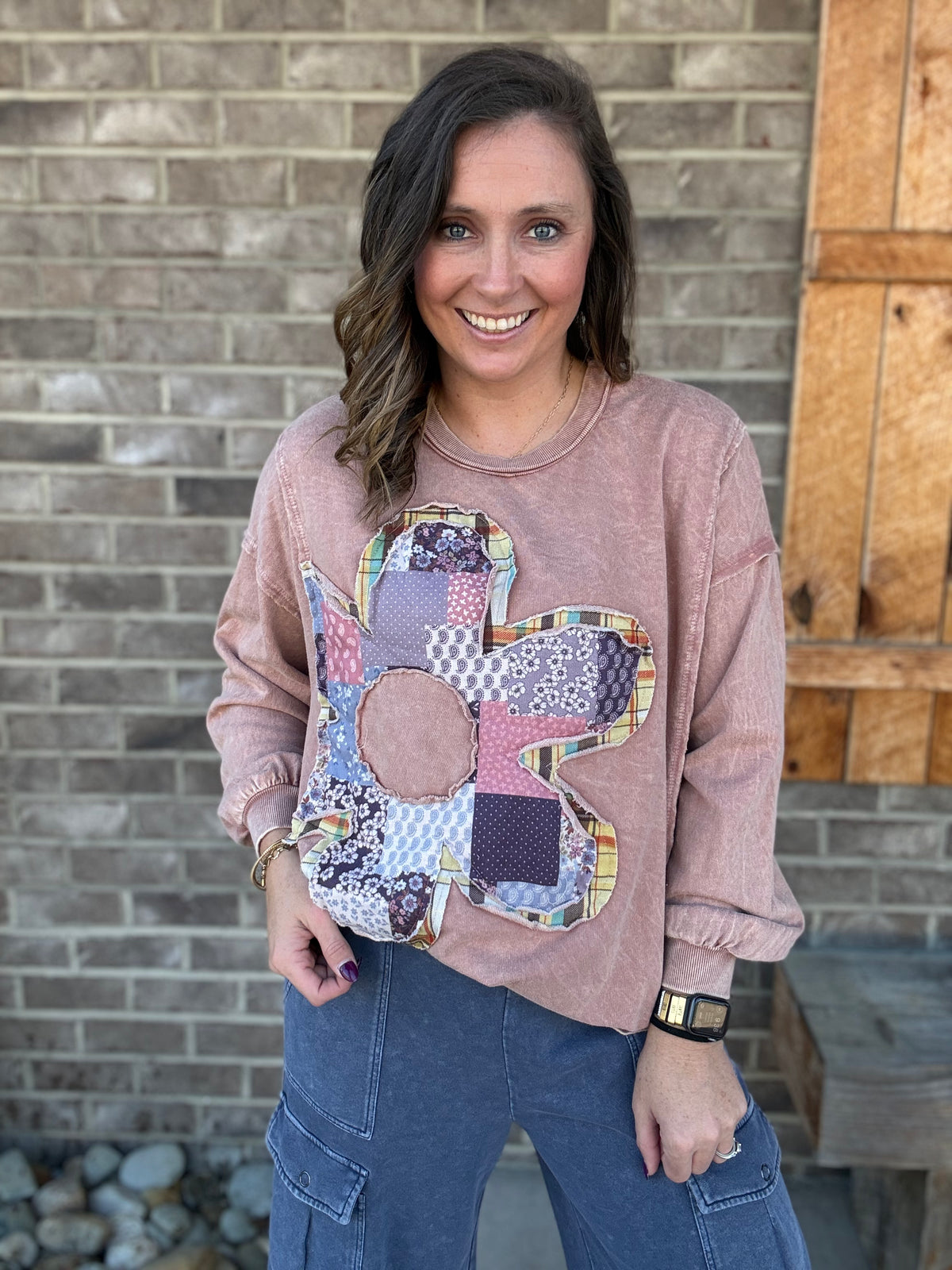 Sugar Rose Daisy Patch Long Sleeve French Terry Pullover by J. Her