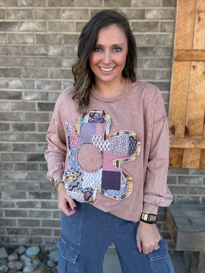 Sugar Rose Daisy Patch Long Sleeve French Terry Pullover by J. Her