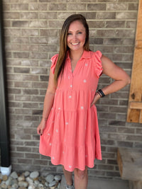 Sugar Coral Linen Tiered Henley Dress w/ Bow Embroidery by Umgee