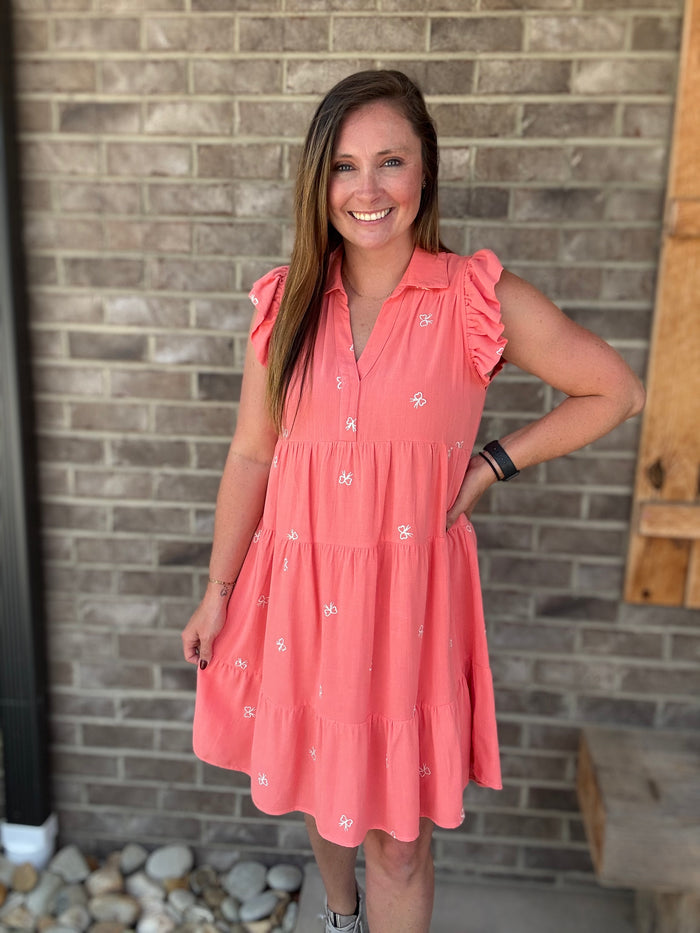Sugar Coral Linen Tiered Henley Dress w/ Bow Embroidery by Umgee