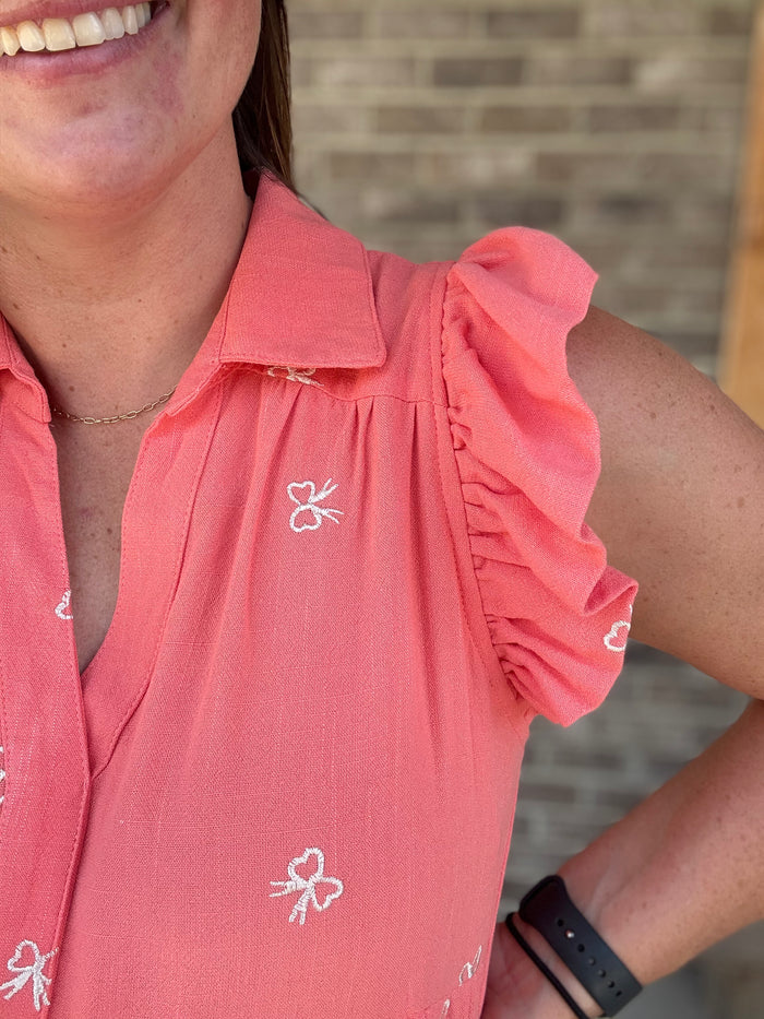 Sugar Coral Linen Tiered Henley Dress w/ Bow Embroidery by Umgee