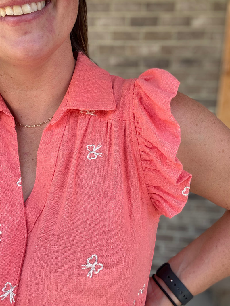 Sugar Coral Linen Tiered Henley Dress w/ Bow Embroidery by Umgee
