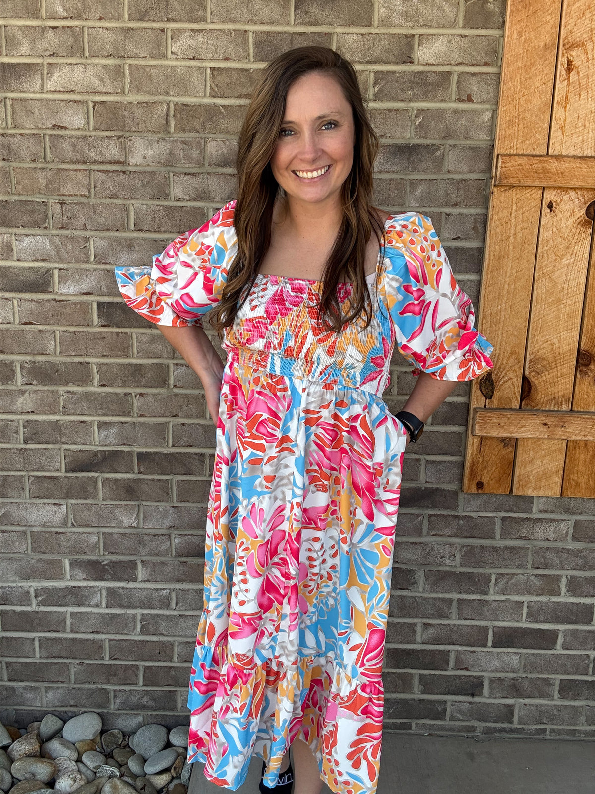 Sunset Bloom Smocked Midi Dress
