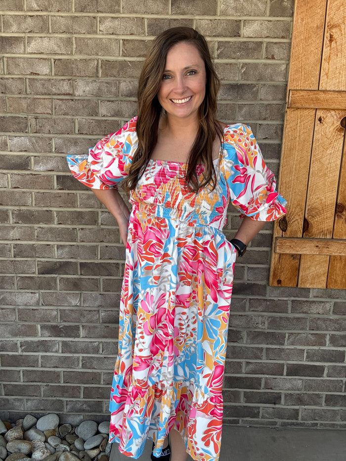 Sunset Bloom Smocked Midi Dress