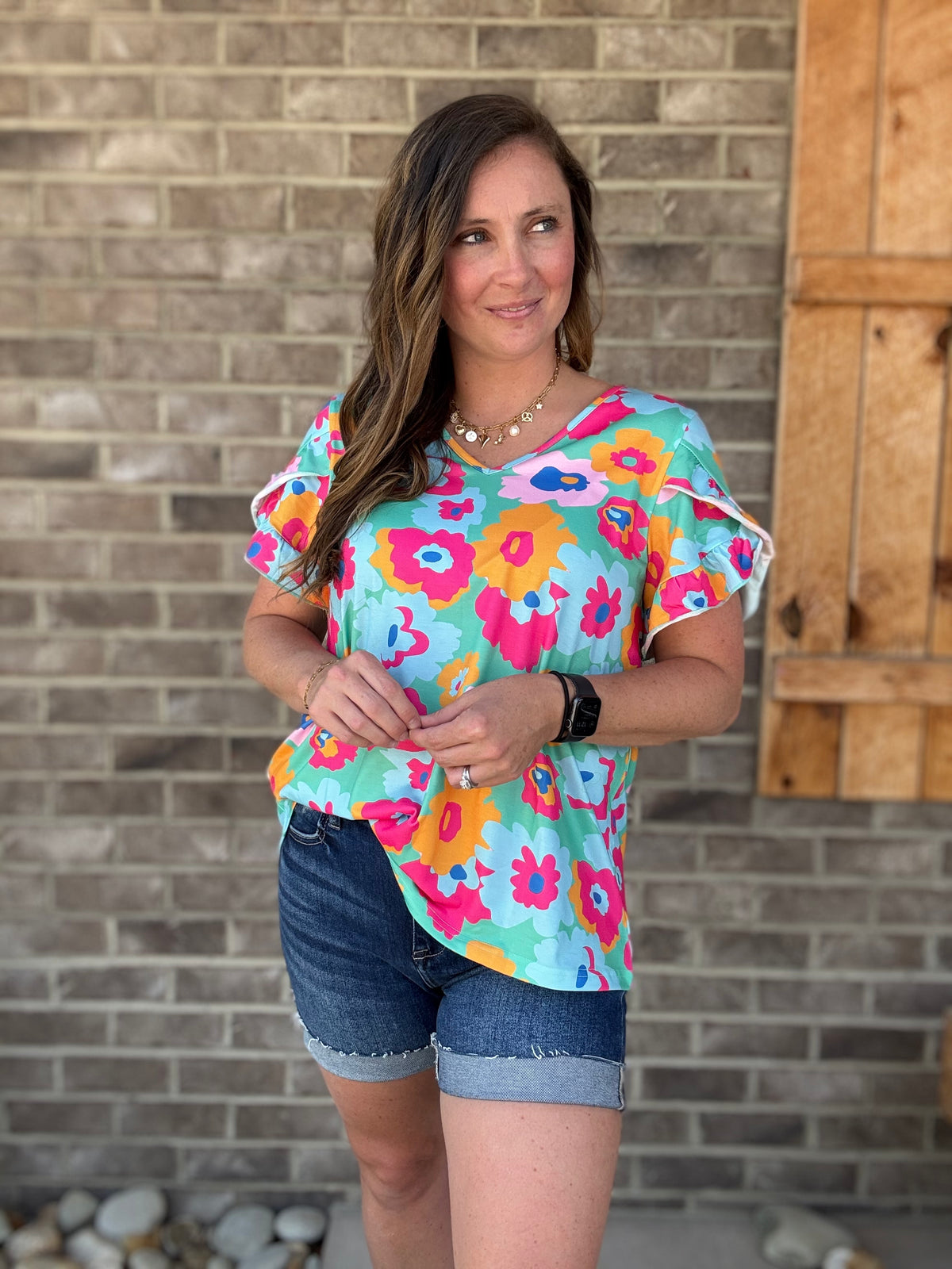Sunset Bloom Ruffle Sleeve Top