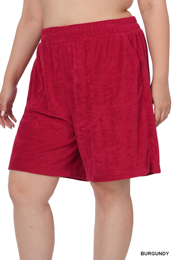 Burgundy French Terry Elastic Waist Shorts by Zenana