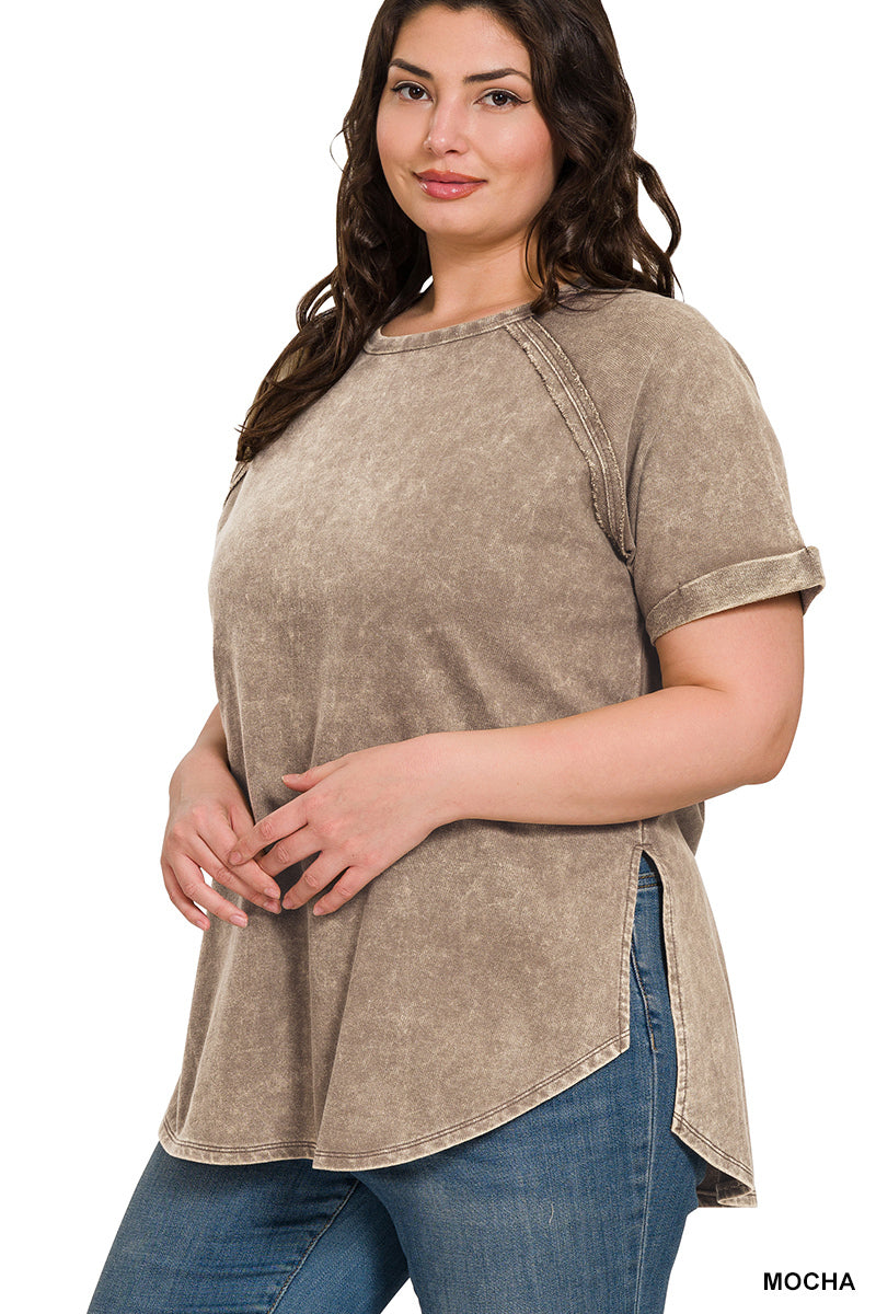 421- Mocha Mineral Wash Side Slit Short Sleeve Top