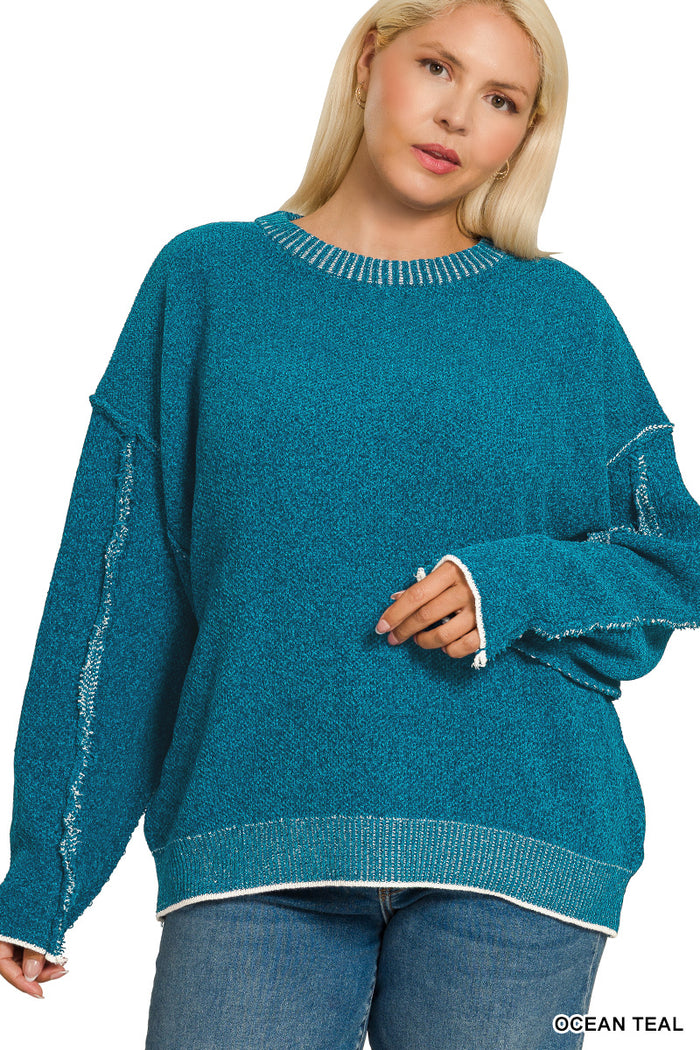 Ocean Teal Exposed Seam Round Neck Sweater by Zenana
