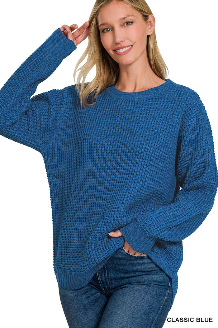 3238- Classic Blue Waffle Scoop Hem Sweater