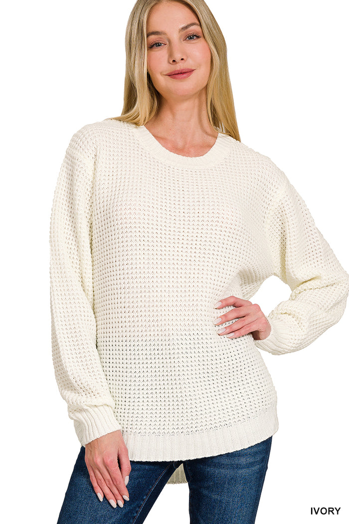 3242- Ivory Waffle Scoop Hem Sweater