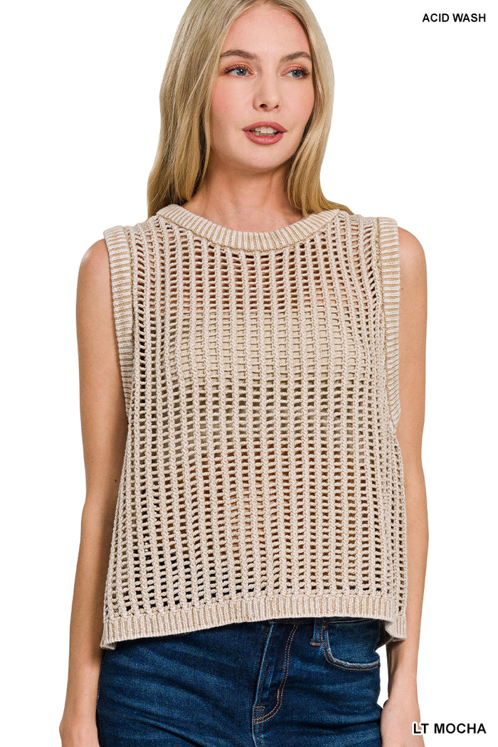 Light Mocha Acid Wash Fishnet Sweater Vest by Zenana