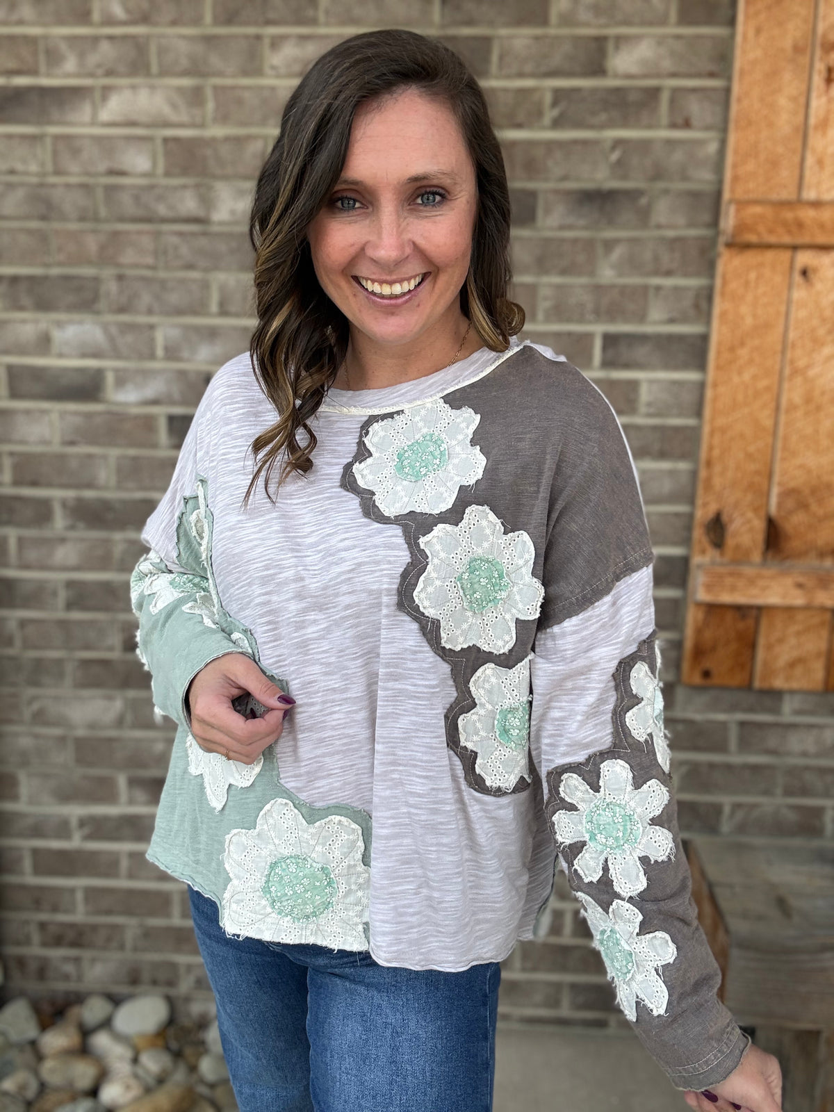 Tan & Sage Eyelet Flower Patch Long Sleeve Top by Oli & Hali
