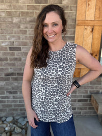 Taupe Sleeveless Leopard Print Thermal Knit Top w/ Back Ribbon Detail