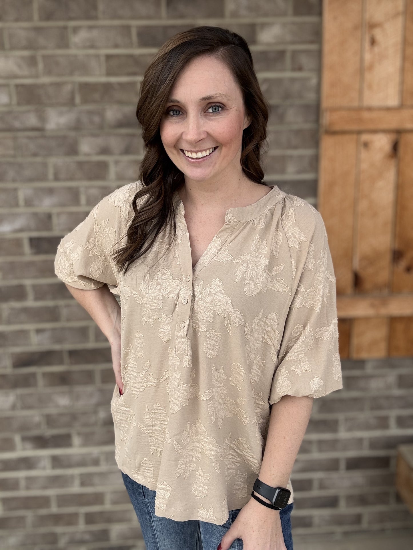 8486- Taupe Split Neck Top with V-Neck Pattern Detail by Umgee