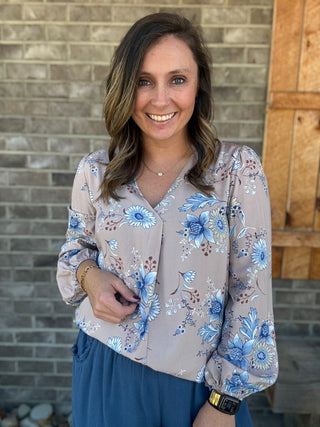 Taupe, Blue, and Pink V-Neck Floral Print Blouse by Haptics