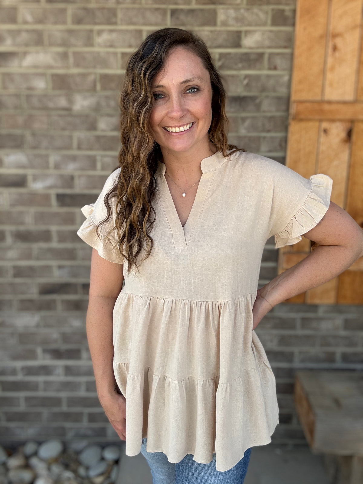 Taupe Drop Shoulder Woven Tiered V-Neck Tunic Top