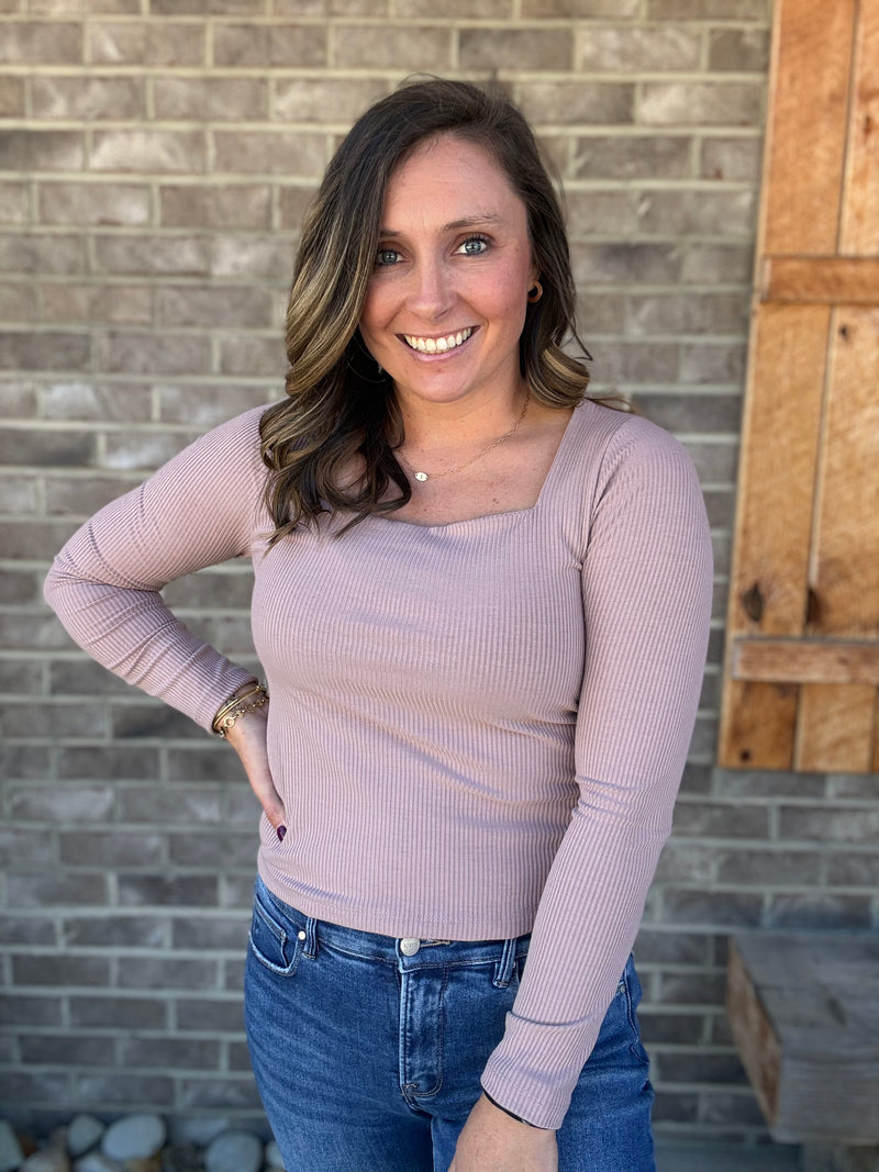 Taupe Long Sleeve Ribbed Knit Square Neck Top