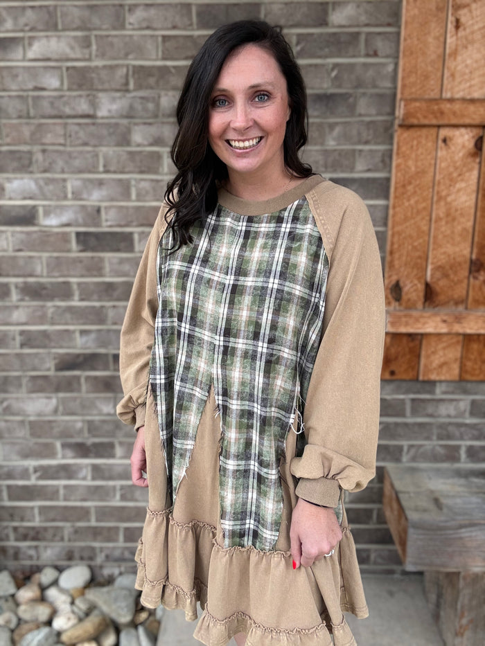 Taupe Plaid Mix Washed Terry Dress by Easel
