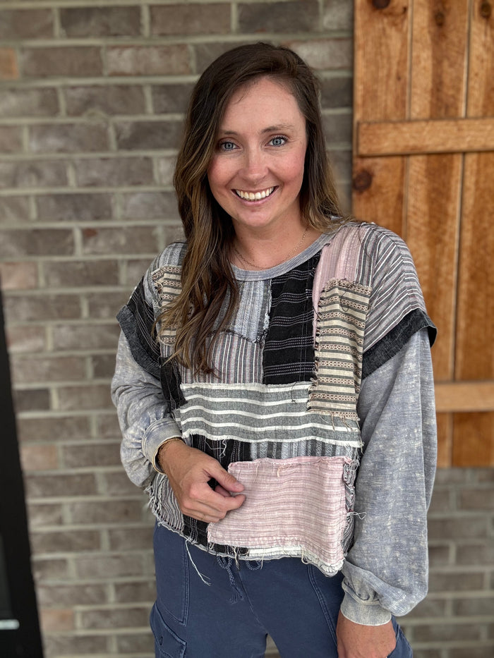 Taupe Washed Patchwork Fabric Mixed Long Sleeve Top by Oli & Hali