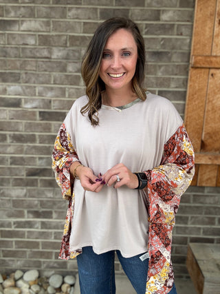 Taupe and Rust Round Neck Patchwork Poncho Top by Haptics