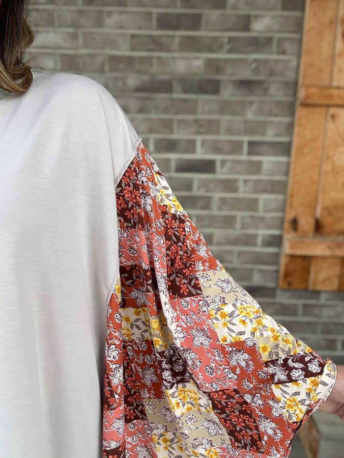 Taupe and Rust Round Neck Patchwork Poncho Top by Haptics