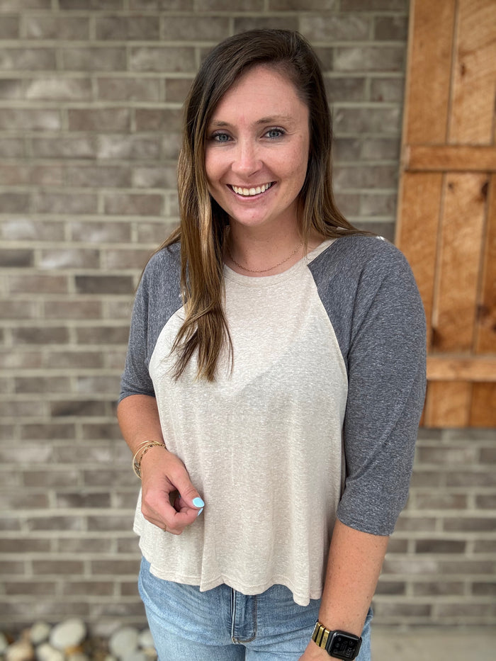 Taupe and Charcoal Jersey 3/4 Length Sleeve Top
