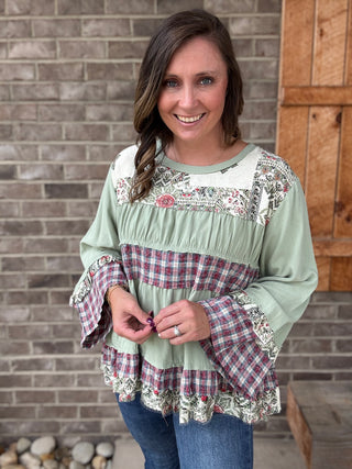 Tea Green Boho Ruffle Patchwork Woven Top by POL