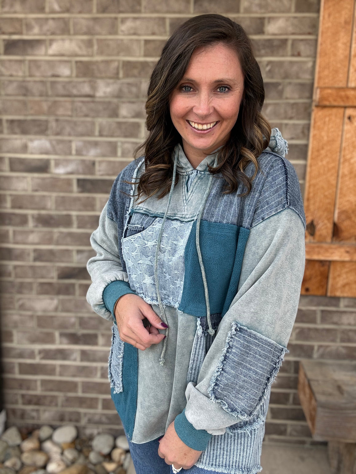 Teal Blue Washed Patchwork Denim Hooded Pullover Top by Oli & Hali