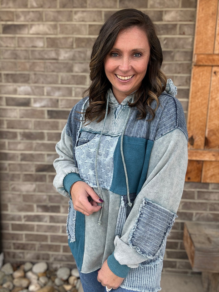 Teal Blue Washed Patchwork Denim Hooded Pullover Top by Oli & Hali