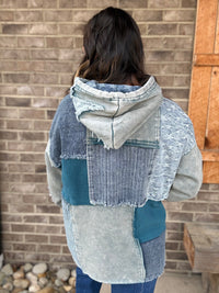 Teal Blue Washed Patchwork Denim Hooded Pullover Top by Oli & Hali