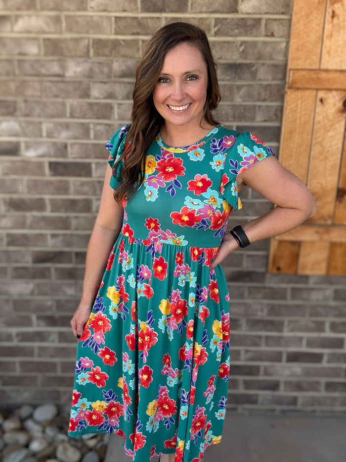 Teal Flar Midi Floral Print Midi Dress w/ Pockets by Haptics
