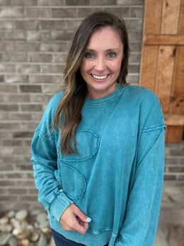 Teal Flower Patch Washed Terry Pullover by Easel