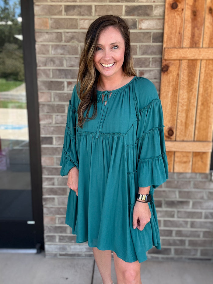 Teal Tiered Long Sleeve Empire Waist Mini Dress