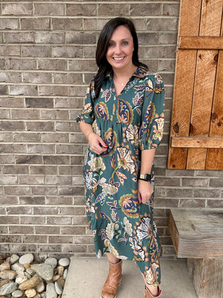 Teal Boho Paisley Tiered Midi Dress by Umgee