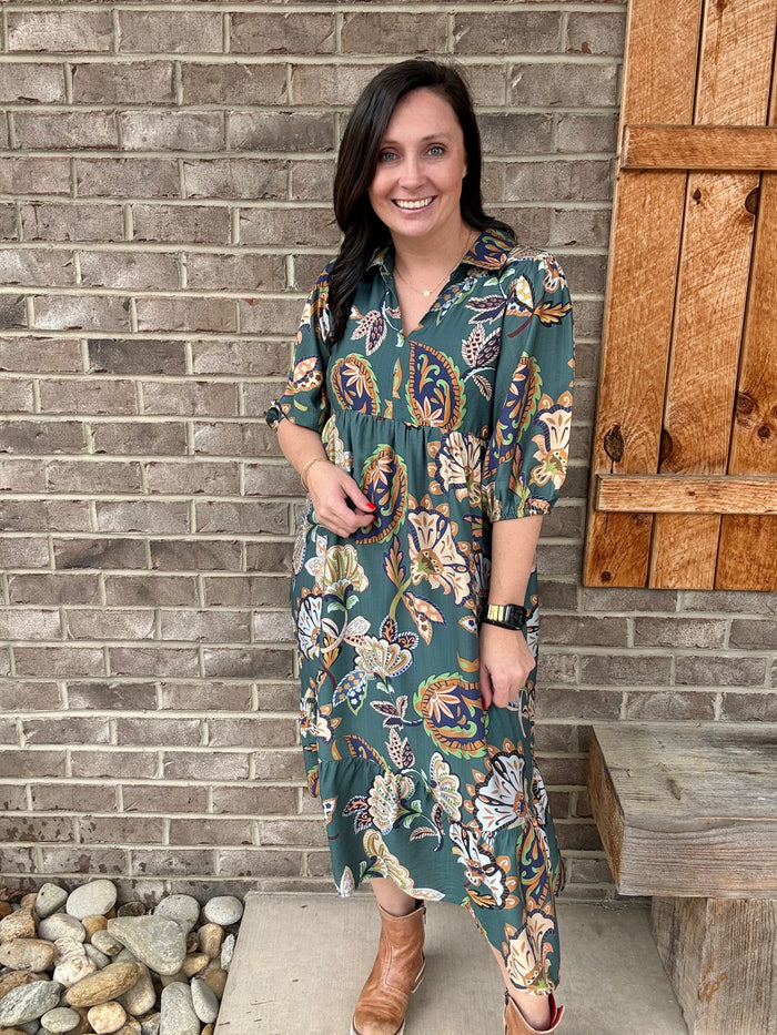 Teal Boho Paisley Tiered Midi Dress by Umgee