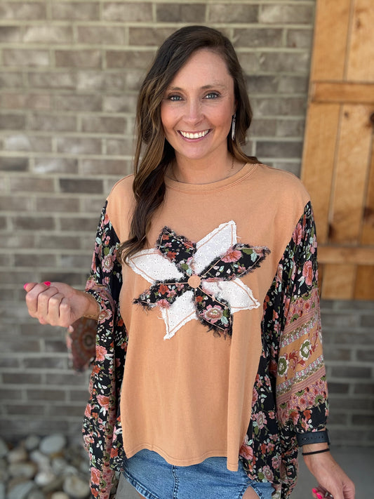 Terracotta Mix Print Patch Poncho Top by Easel