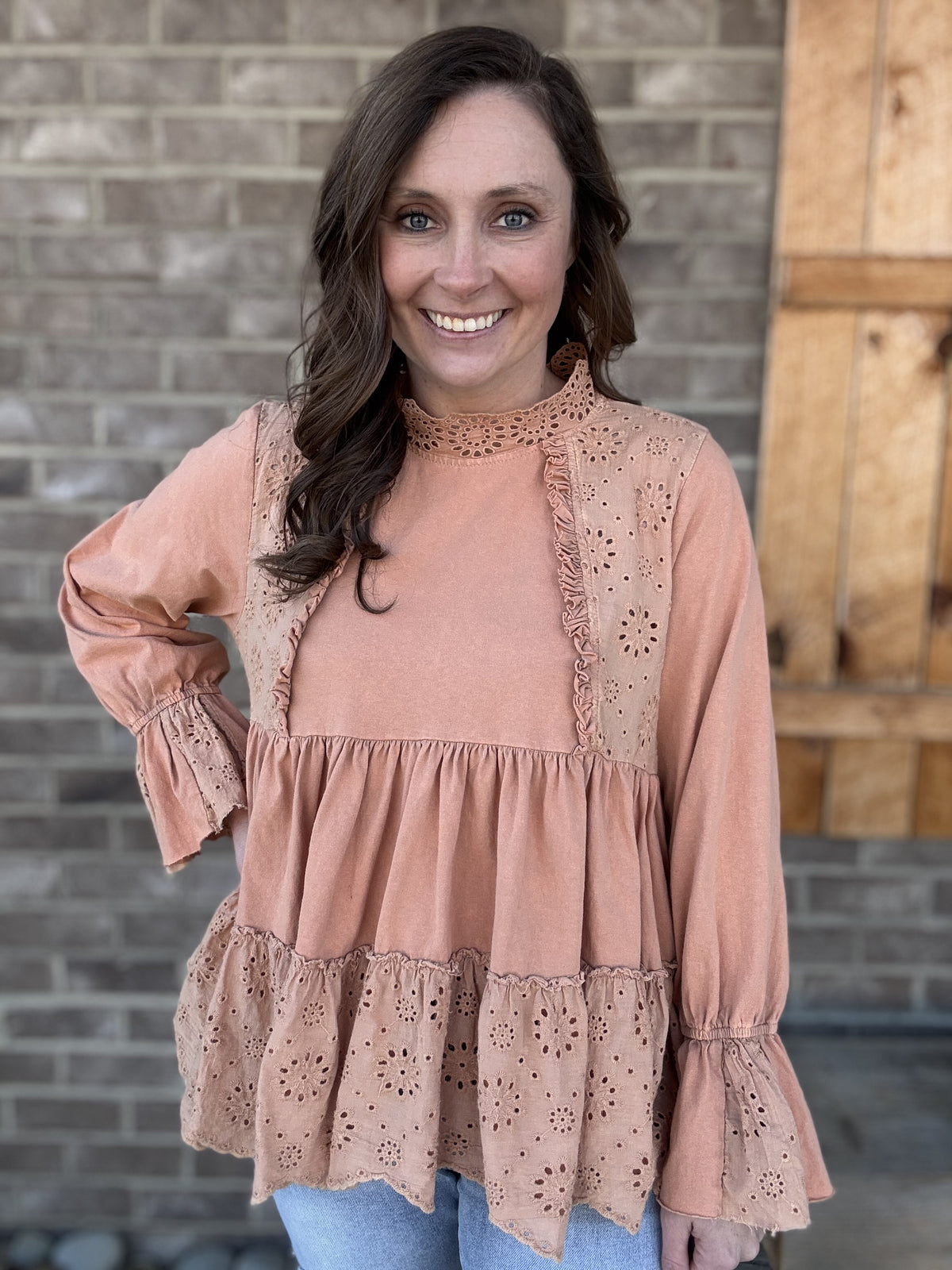 8545- Terracotta Washed Eyelet Contrast Tiered Flowy Hem Top by Oli & Hali