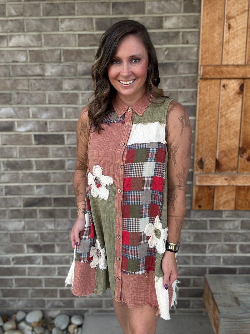 Terracotta and Olive Patchwork Sleeveless Tunic by BlueVelvet