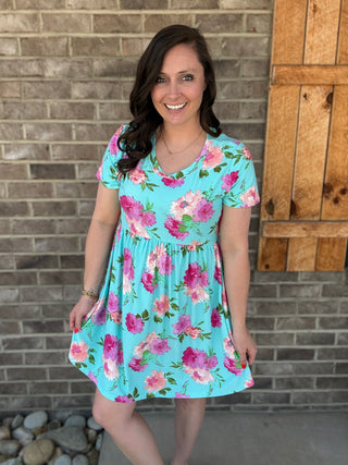 Turquoise Buttersoft Floral Babydoll Dress by Haptics