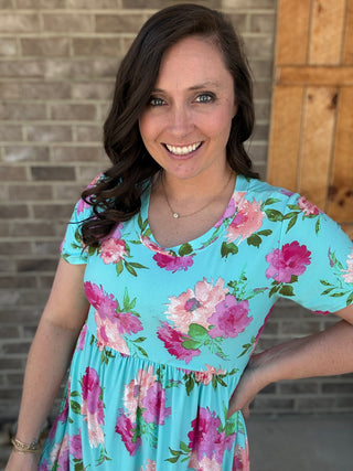 Turquoise Buttersoft Floral Babydoll Dress by Haptics