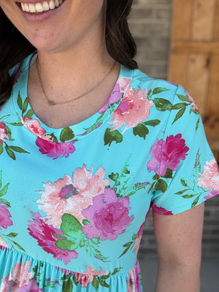 Turquoise Buttersoft Floral Babydoll Dress by Haptics