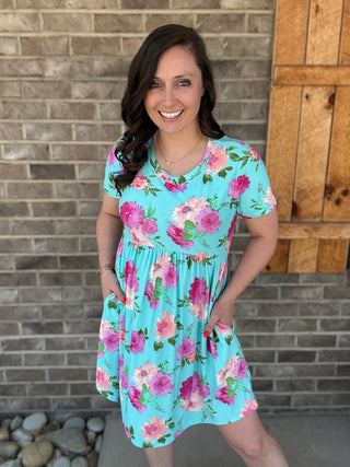 Turquoise Buttersoft Floral Babydoll Dress by Haptics