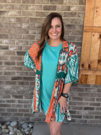 Turquoise Printed Mix Kimono w/ Tie by Oli & Hali